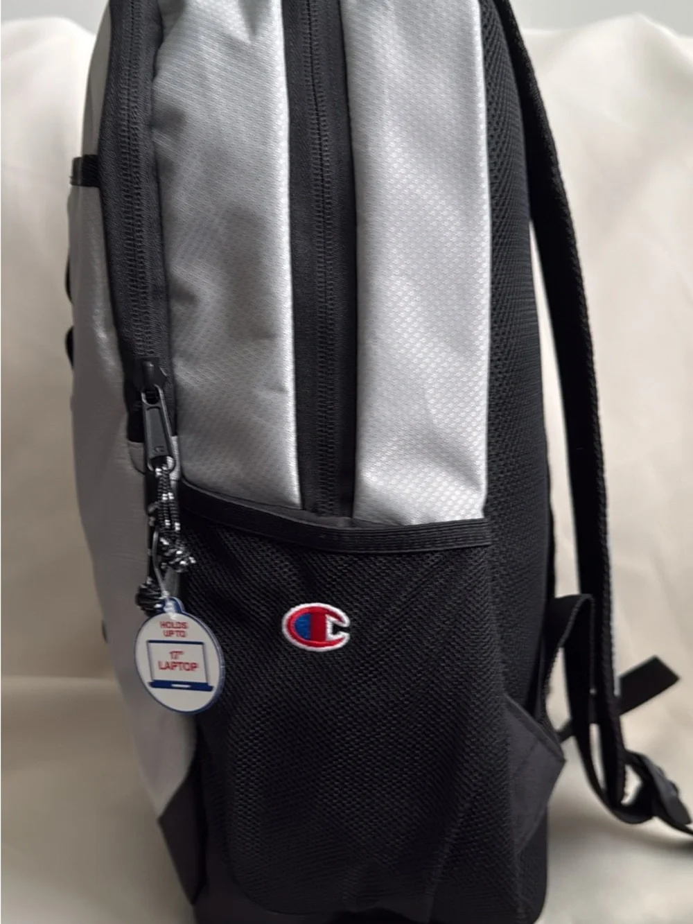 Champion Light Gray and Black Backpack with Red Logo